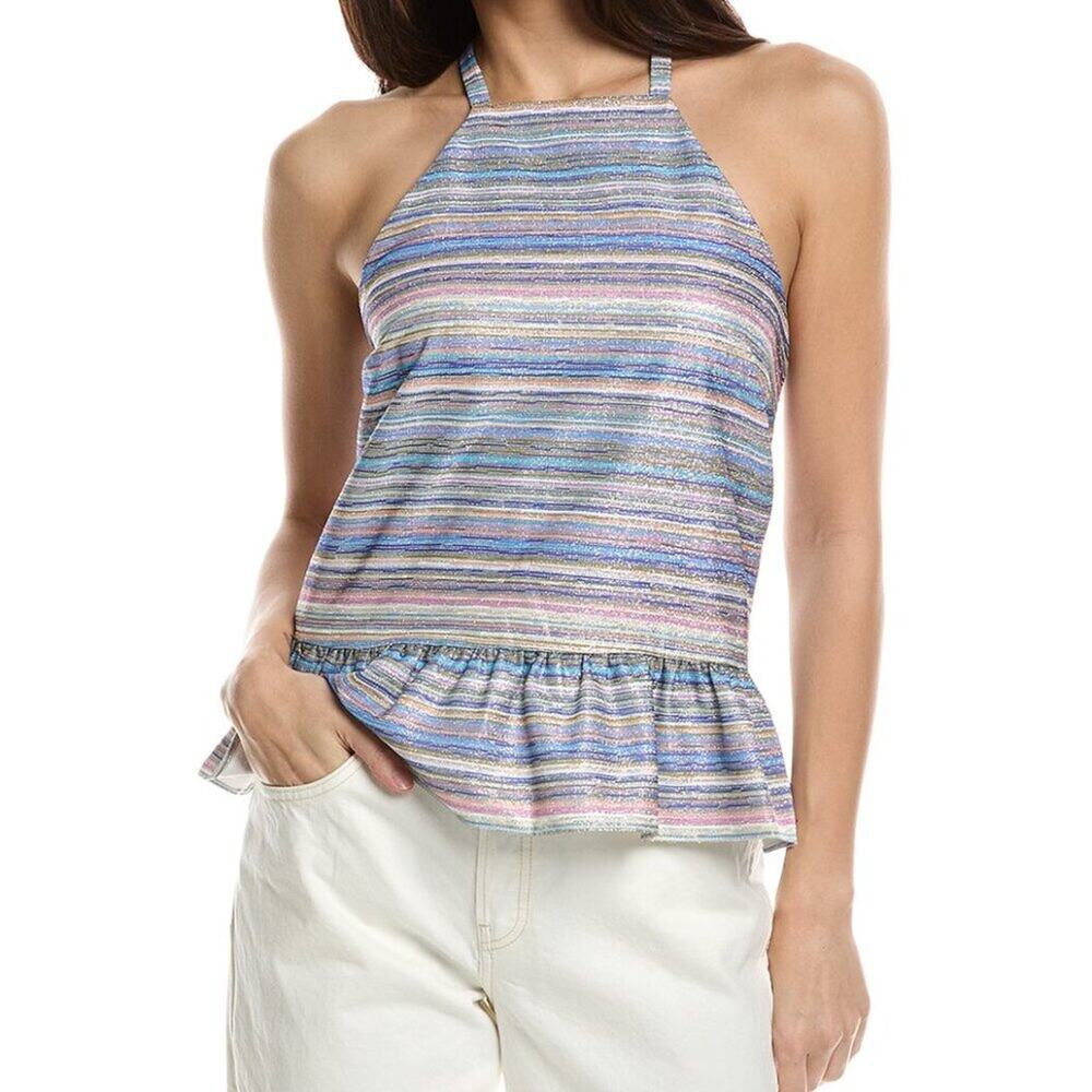 Amanda Uprichard Amy Top Glitter Striped Peplum Blouse Size Small